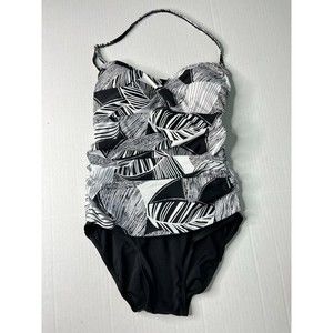 NWOT Ceeb Womens Halter Swimsuit Tropical Leaf Print Sz 8 One Piece Vintage Flaw